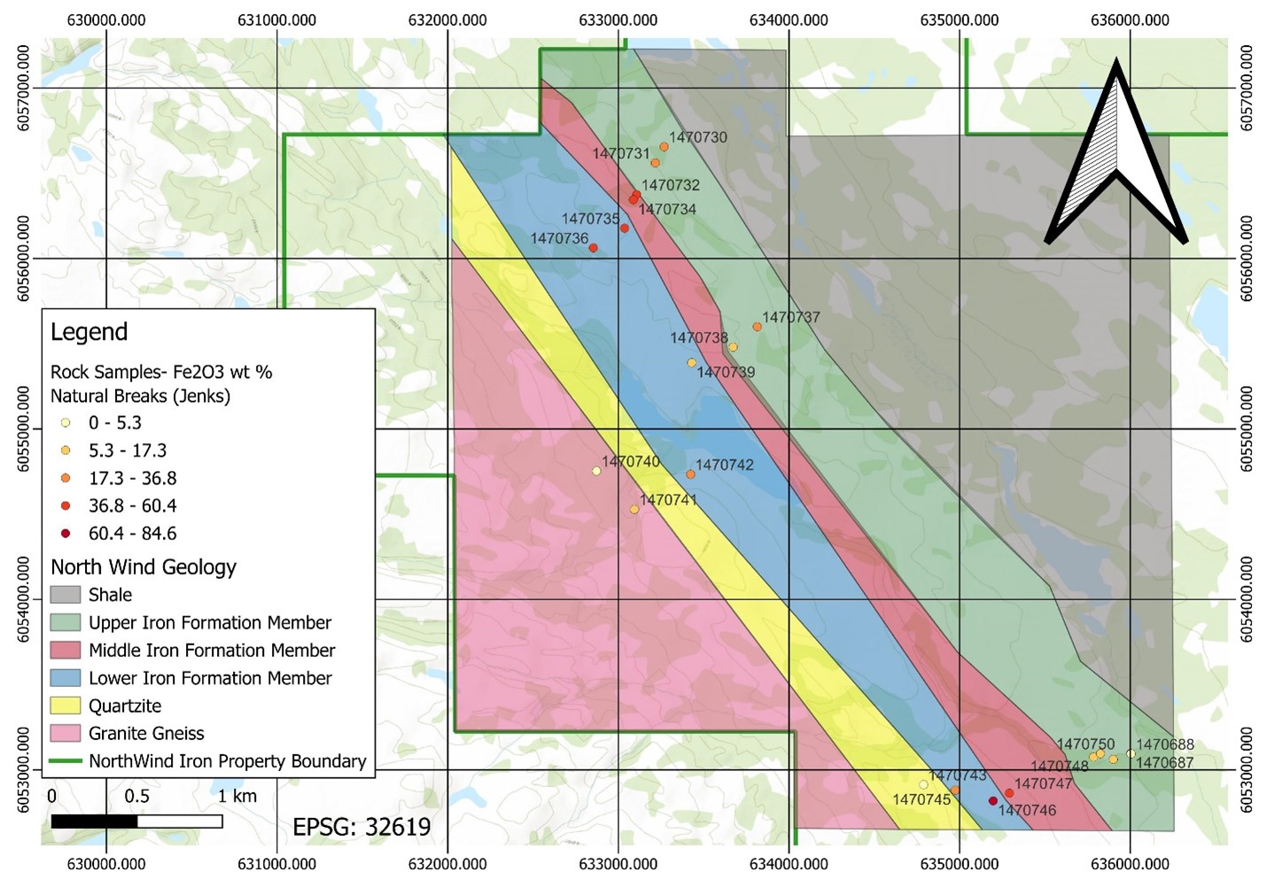 Sample location map showing total iron grade overlying a geological map of the area. Higher iron grades (≥ 36.8%) are reported from the lower and middle members.